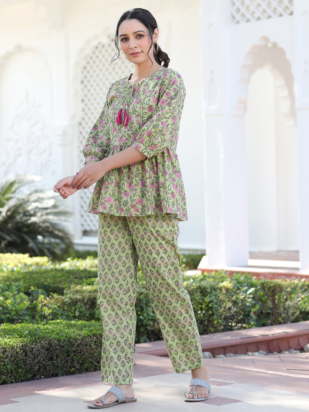 Cotton Ethnic Printed Green Lounge Wear Has Gathered Top And Pants