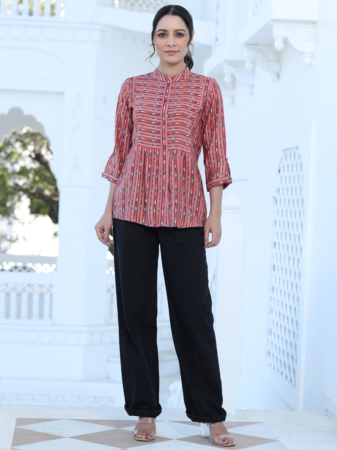Pink Chanderi Geometric Printed Gathered Shirt