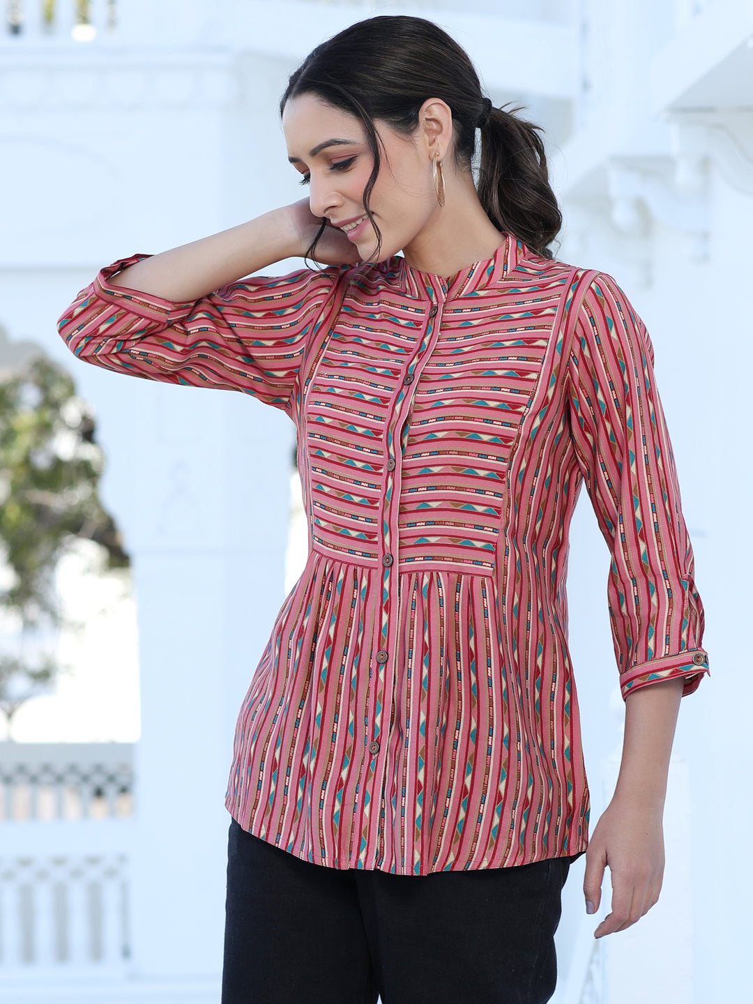 Pink Chanderi Geometric Printed Gathered Shirt