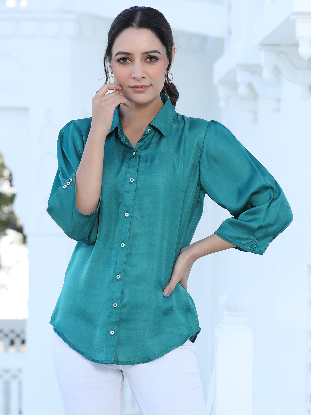 Green Color Silk Blend Solid Shirt With Puffed Sleeves And Front Opening