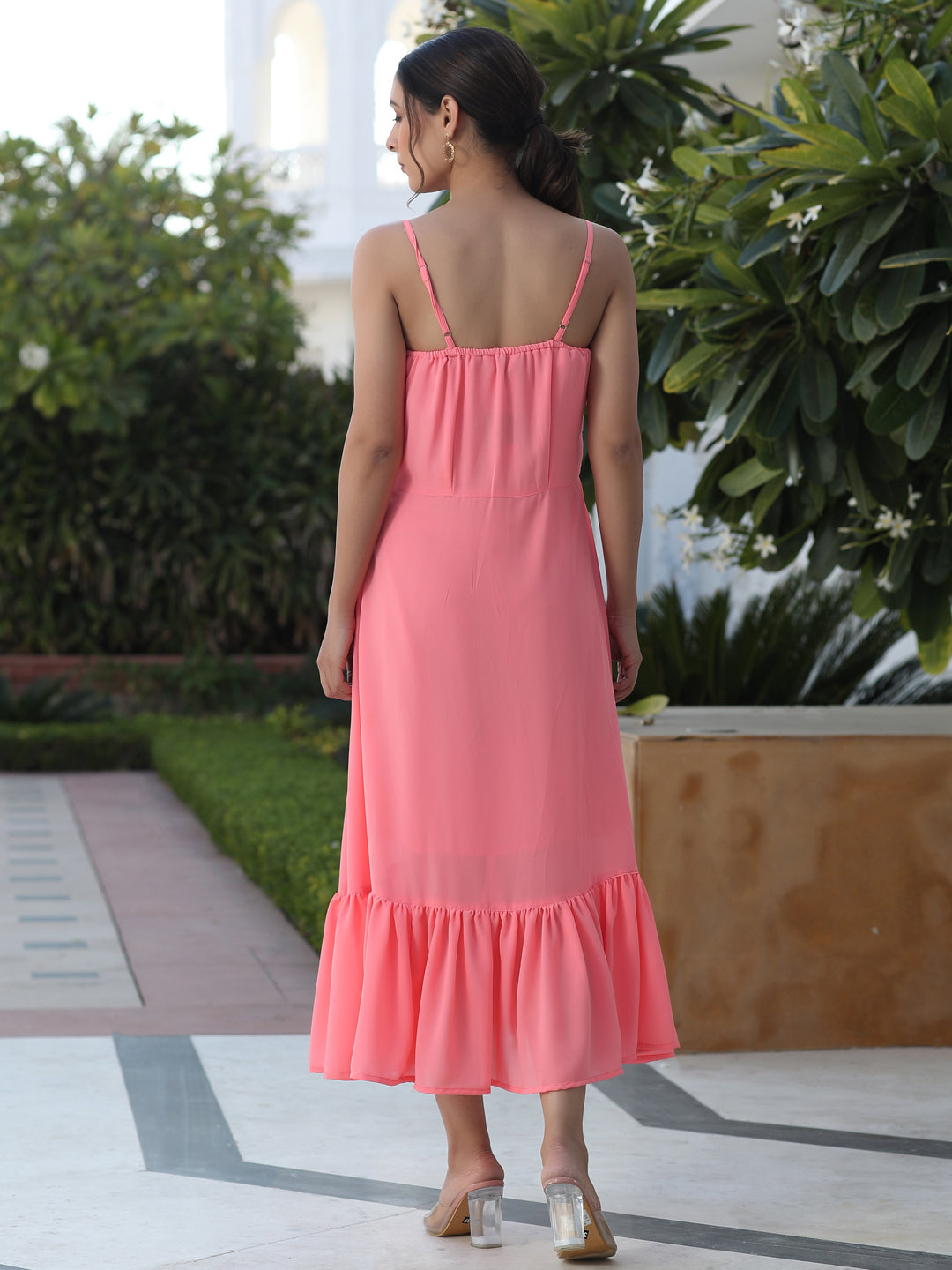 Pink Strappy Flared Georgette Dress