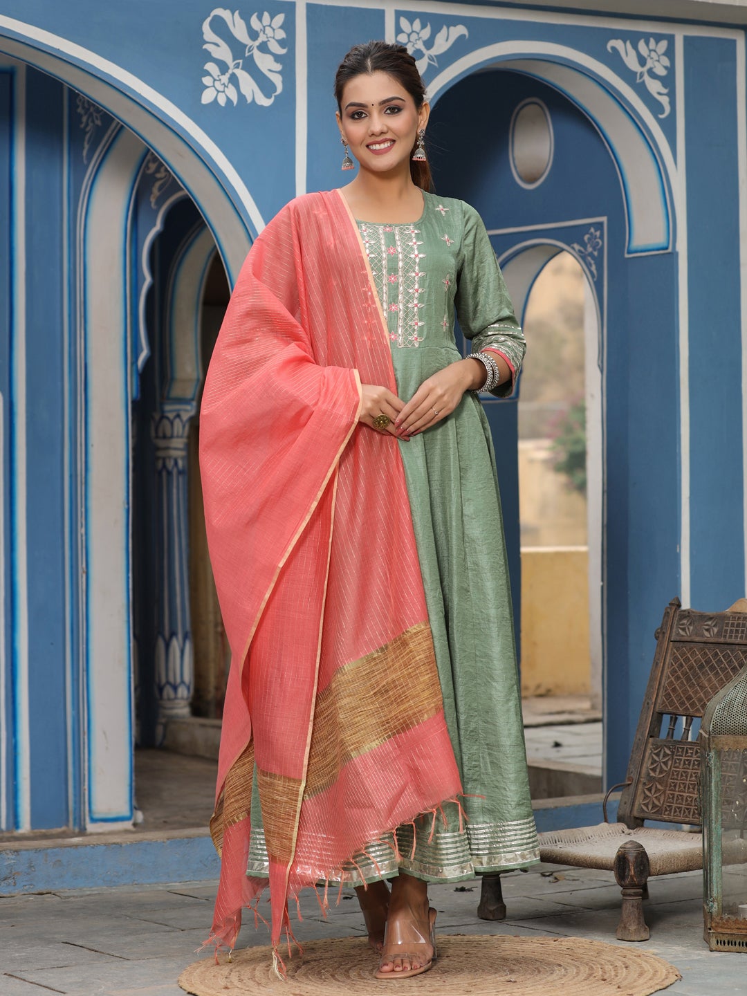 Buy Silk Blend Embroidered Anarkali Kurta with Dupatta