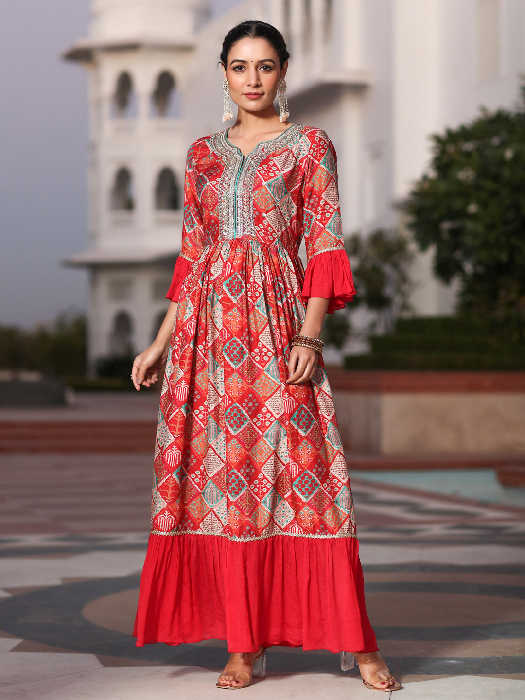 Red Muslin Digital Printed Embroidered Flared Kurta With Solid Dupatta