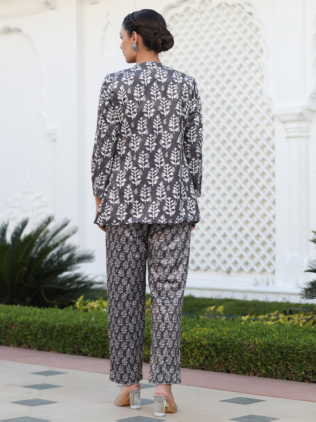 Embroidered Grey Printed Velvet Jacket With Cream Crop Top And Printed Velvet Pants