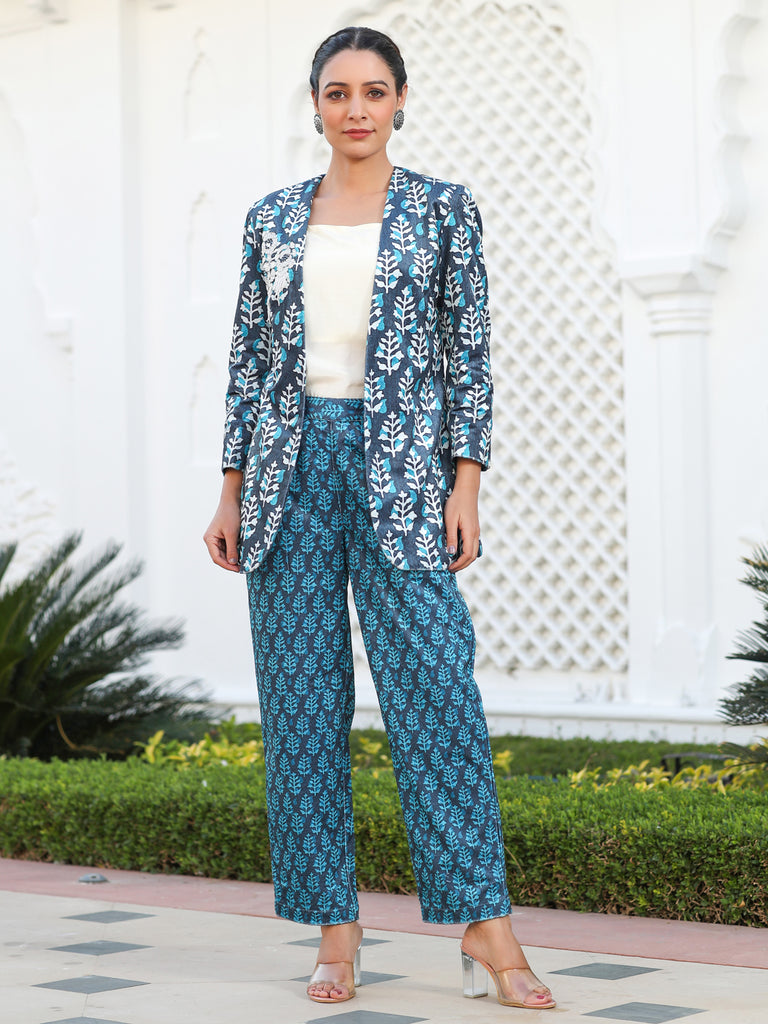 Blue Printed Embroidered Velvet Jacket Paired With Cream Crop Top & Velvet Printed Pant