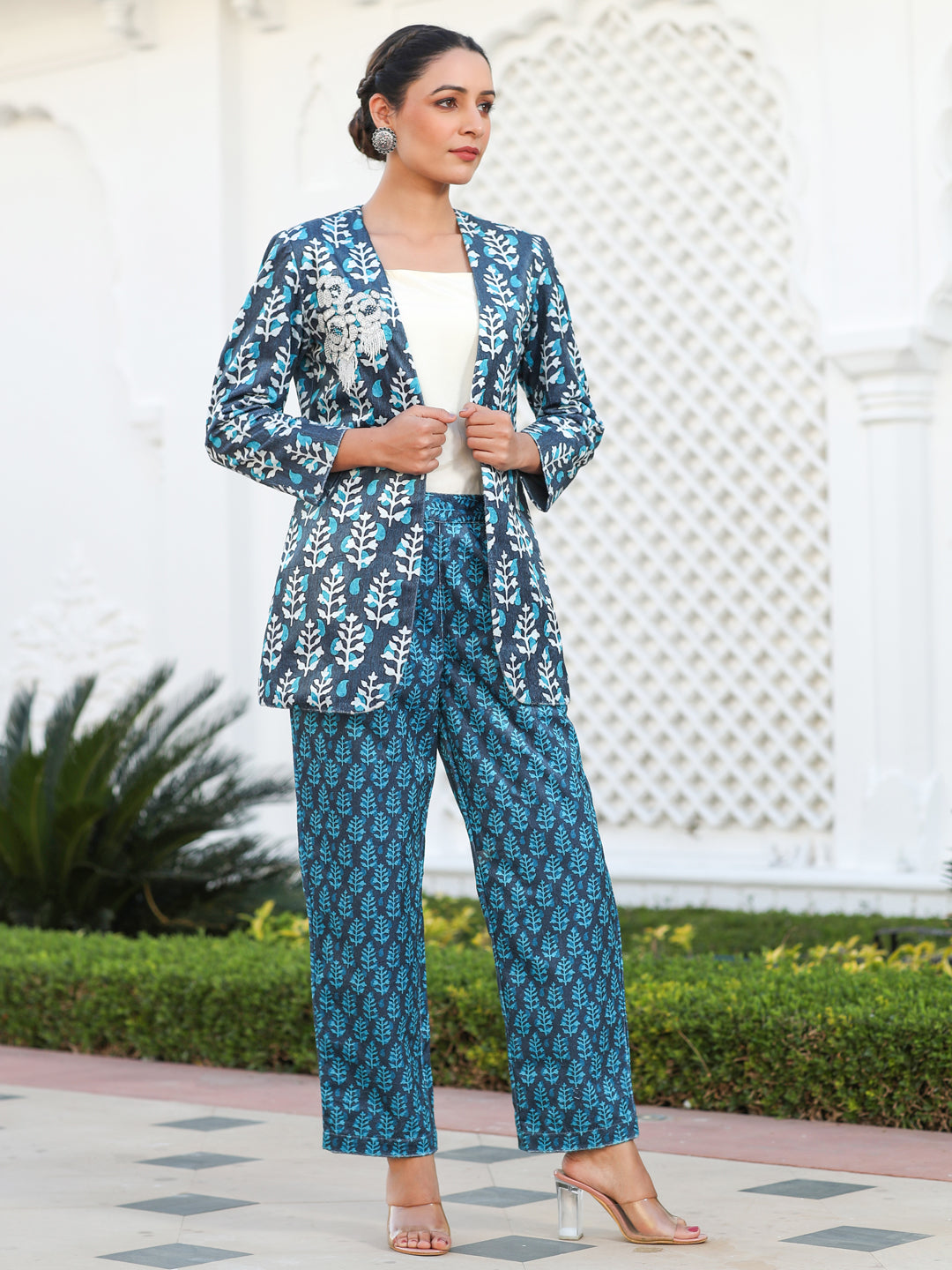 Embroidered Blue Printed Velvet Jacket With Cream Crop Top And Printed Velvet Pants