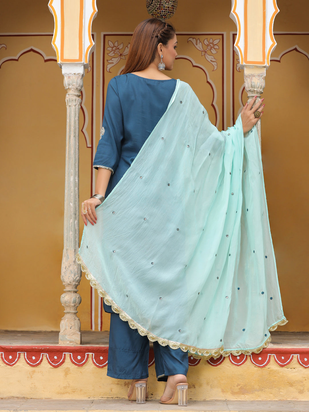 Teal Embroidered Straight Kurta With Palazzo And Dupatta