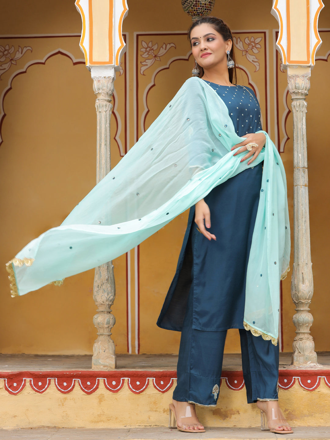 Teal Embroidered Straight Kurta With Palazzo And Dupatta