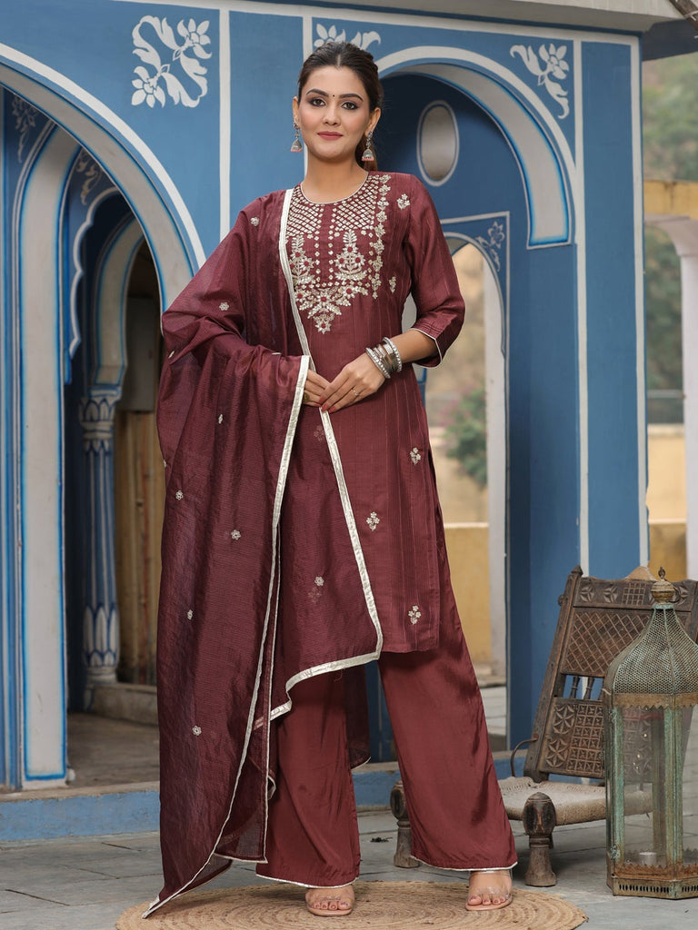 Silk blend mauve colour straight kurta with round neck