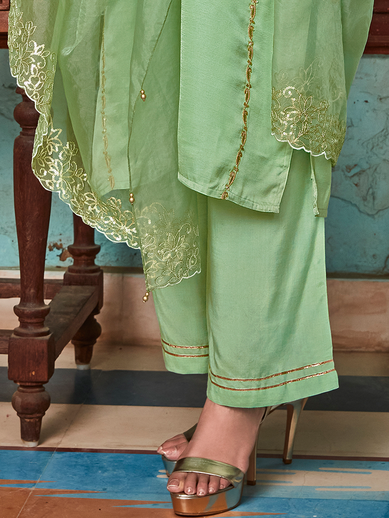 Pista Green Straight Embroided Silk Kurta With Palazzo And Organza Embroidered Dupatta