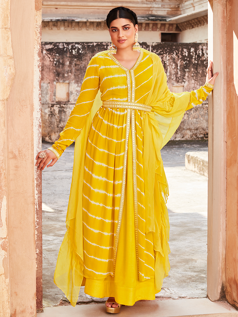 Yellow a line frilled kurta paired with ikat jacket – Fabnest