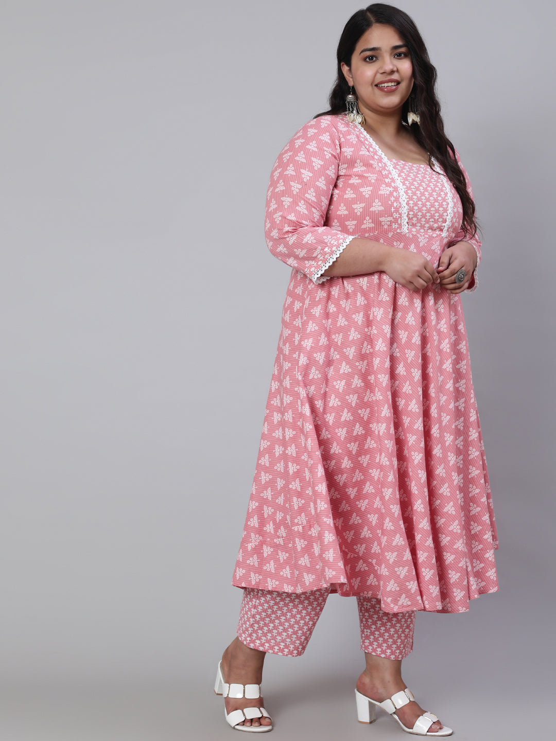 Pink Plus Size Woven Ethnic Print Embroidered Flared Laced Kurta With Printed Palazzo
