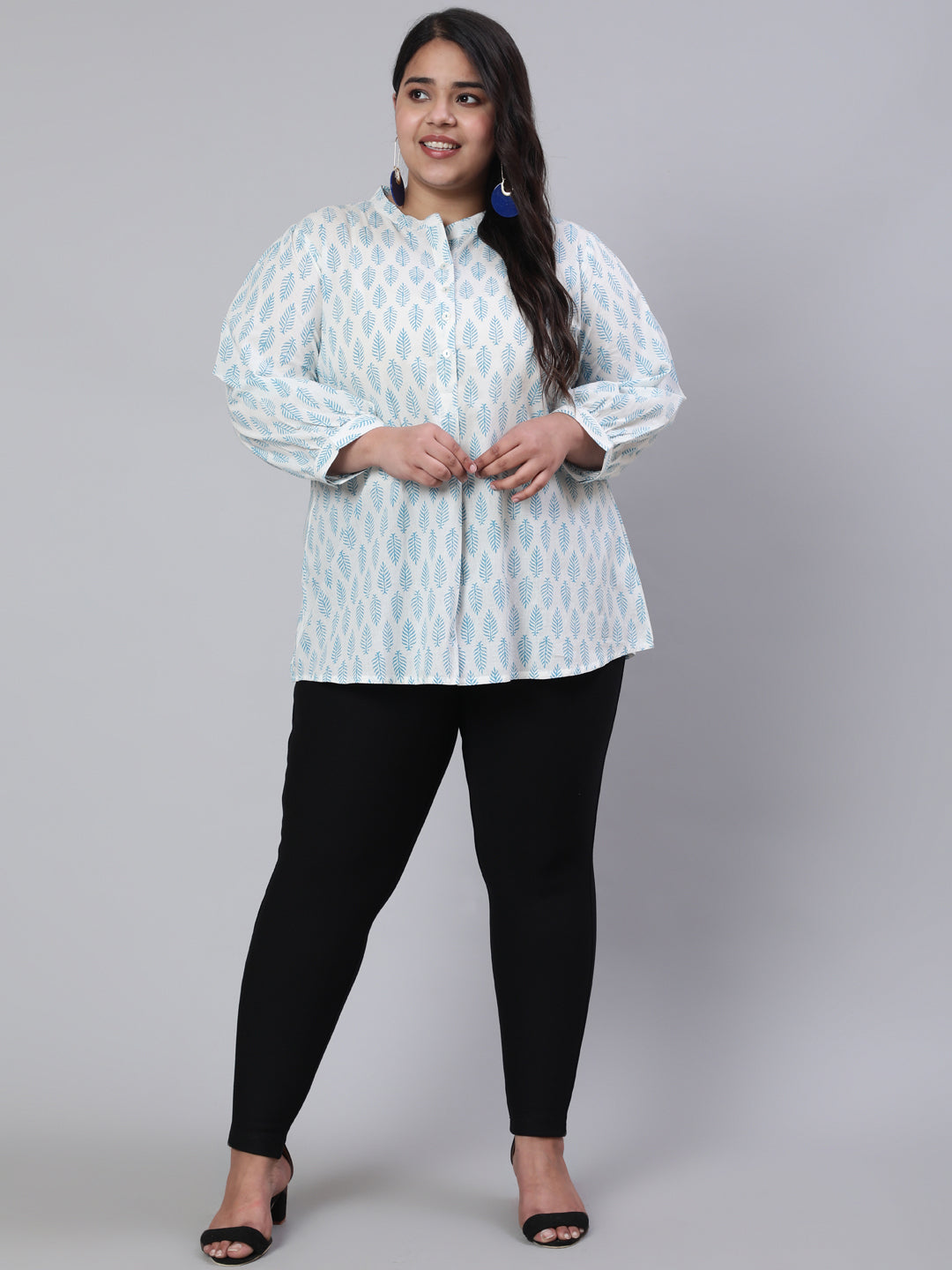 White And Turquoise Blue Plus Size Printed Pleated Top
