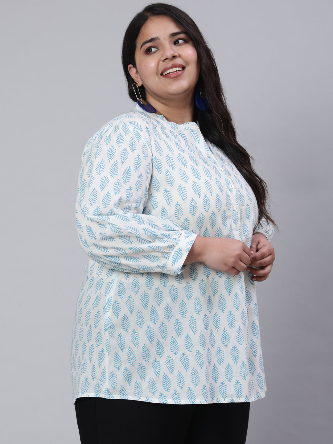 White And Turquoise Blue Plus Size Printed Pleated Top
