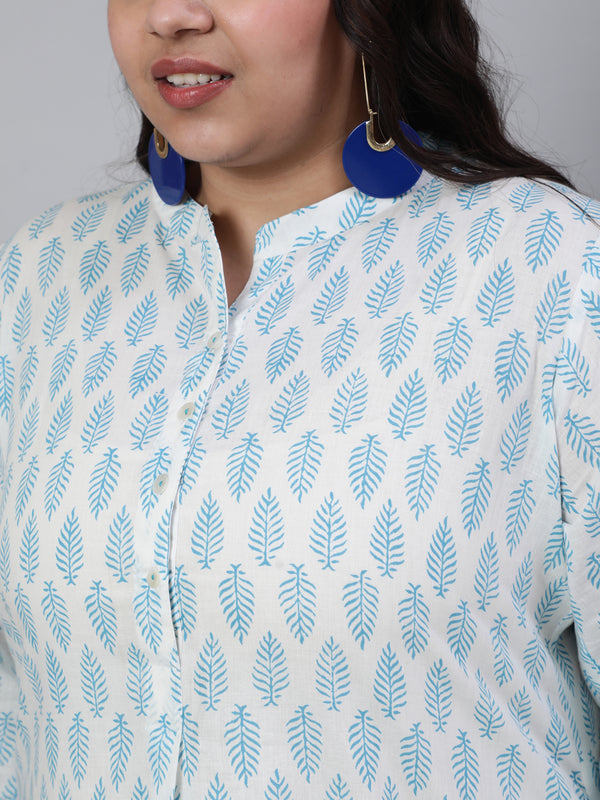 White & Turquoise Blue Plus Size Printed Pleated Top