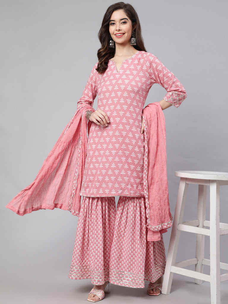 Pink Woven Straight Printed Embroidered Kurta Set With Solid Dupatta