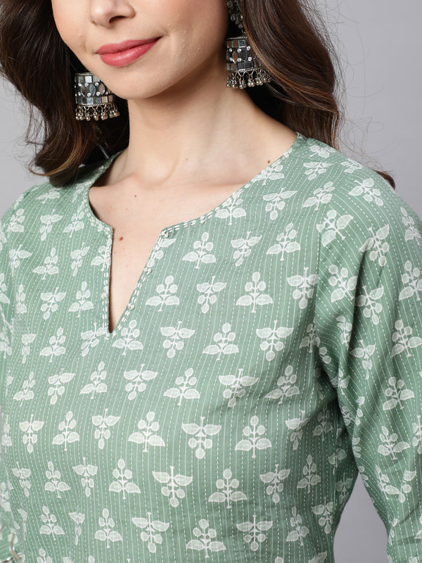 Green Woven Straight Printed Embroidered Kurta Set With Solid Dupatta