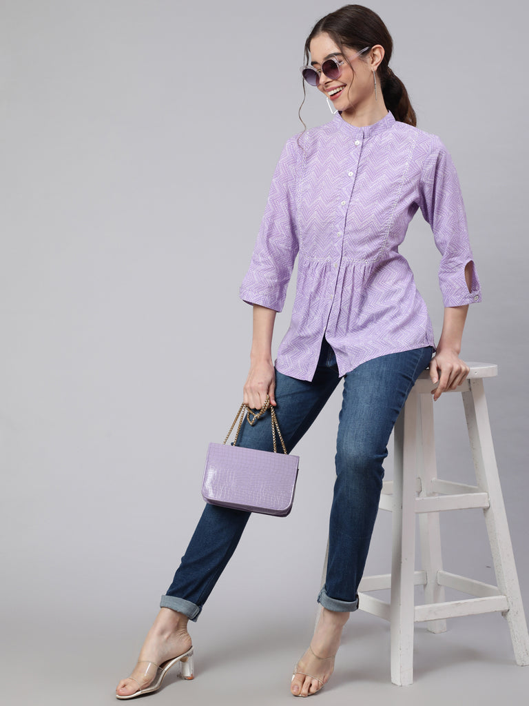 Lavender Zigzag Embroidered Printed Ethnic Shirt