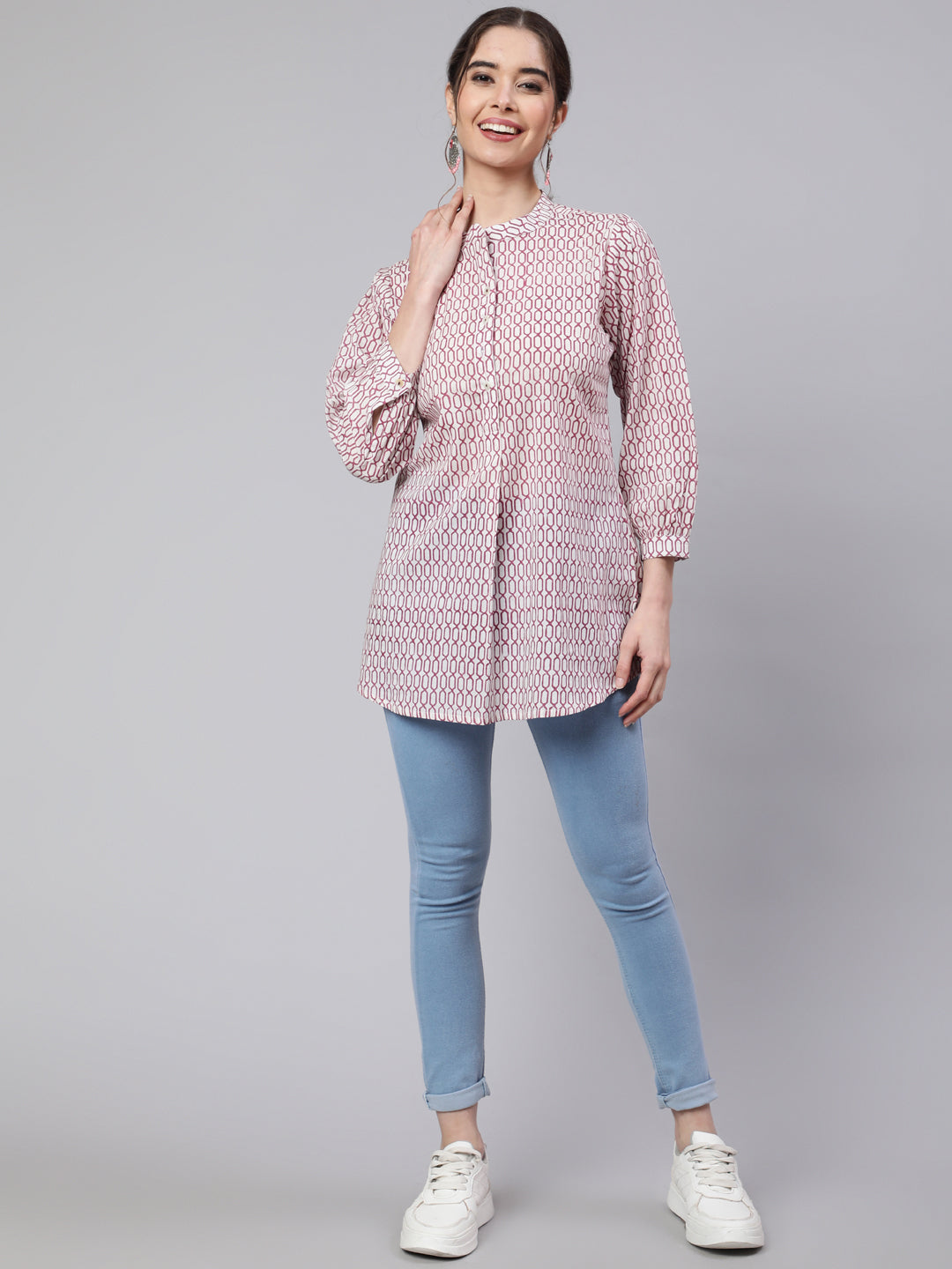 White And Magenta Printed Pleated Top