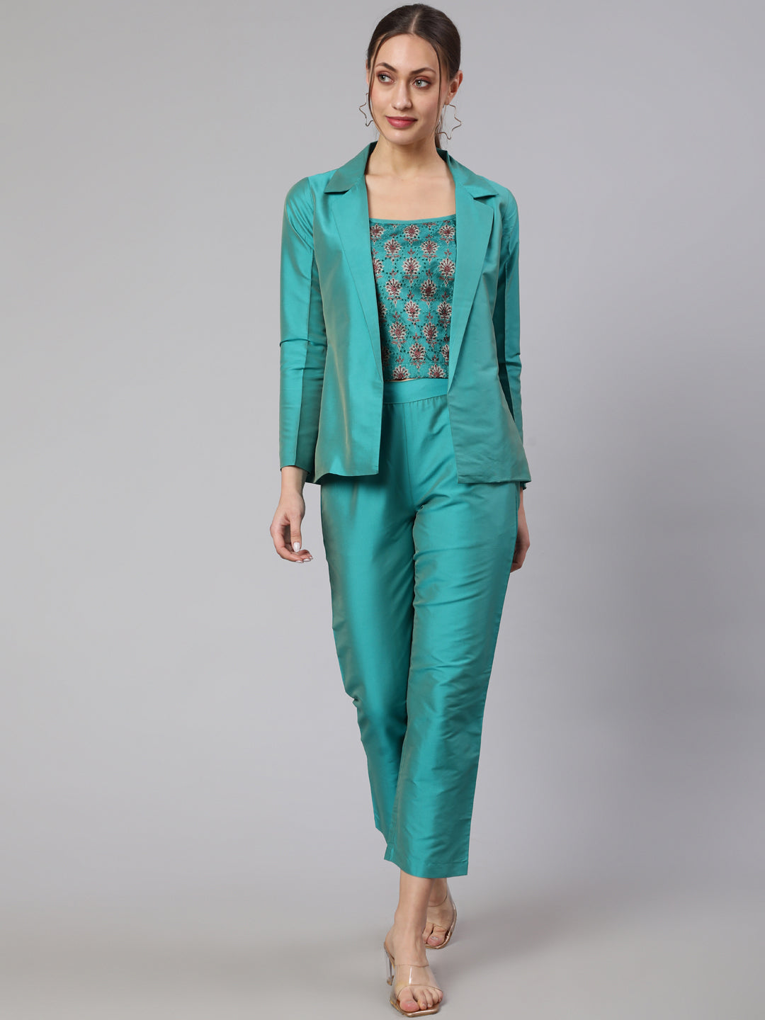 Turquoise 3-Piece Co-Ord Set With Schiffli Crop Top and Solid Jacket