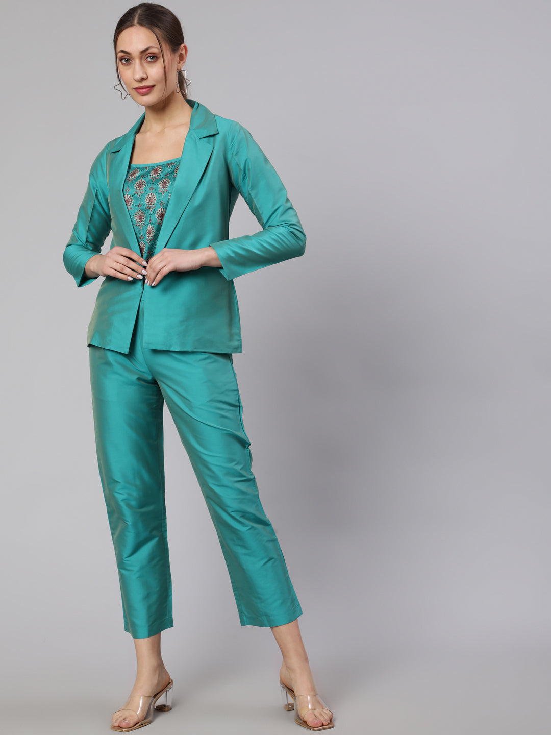 Turquoise 3-Piece Co-Ord Set With Schiffli Crop Top and Solid Jacket