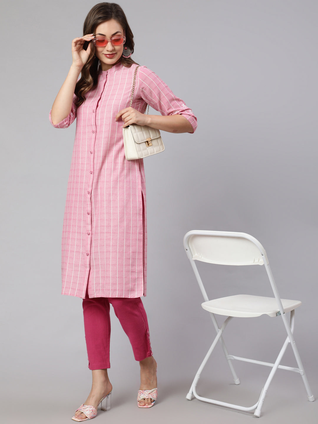 Pink Self Weaved Checkered Straight Embroidered Kurta With Pants