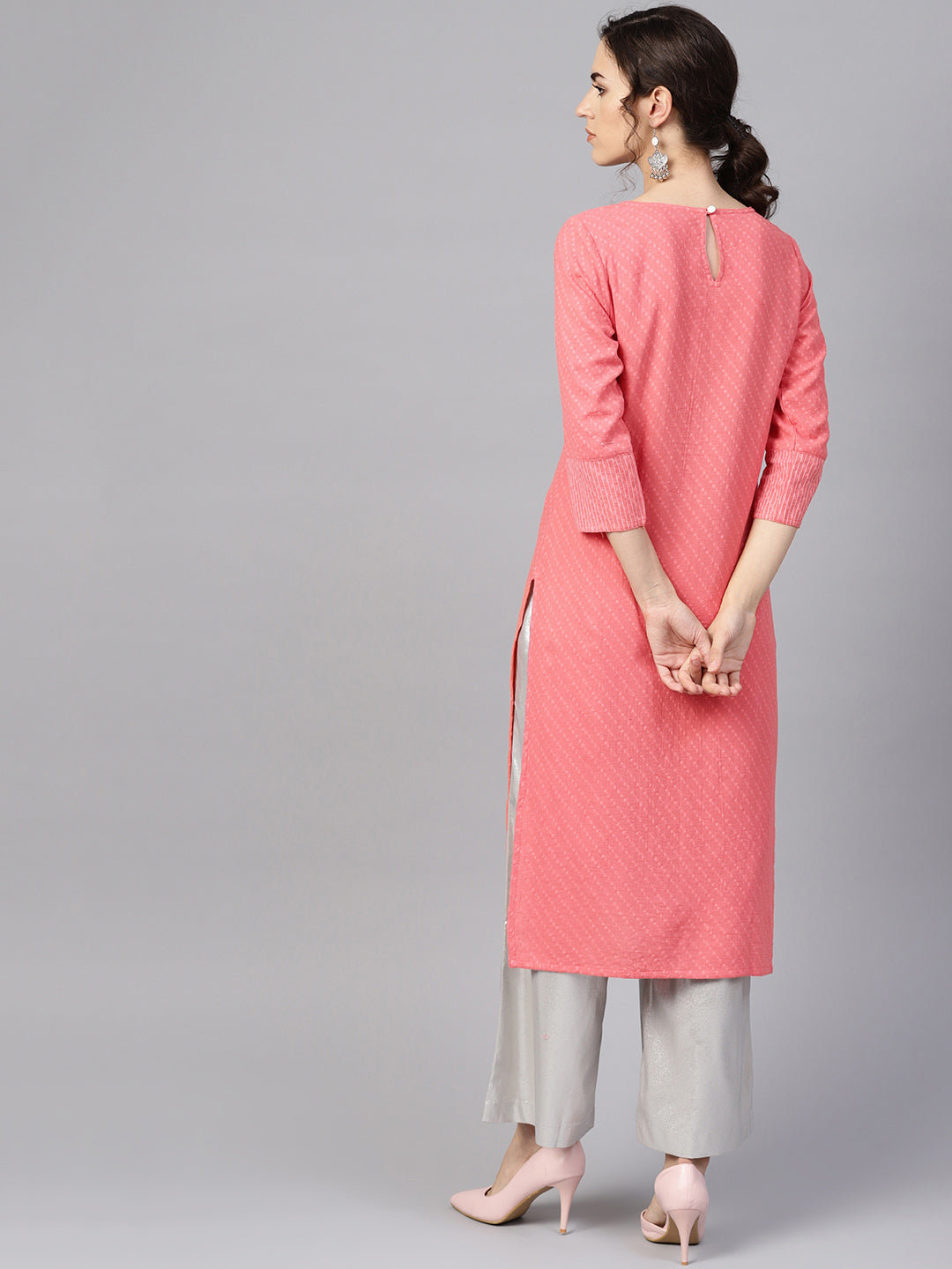 Coral Pink Woven Design Straight Kurta