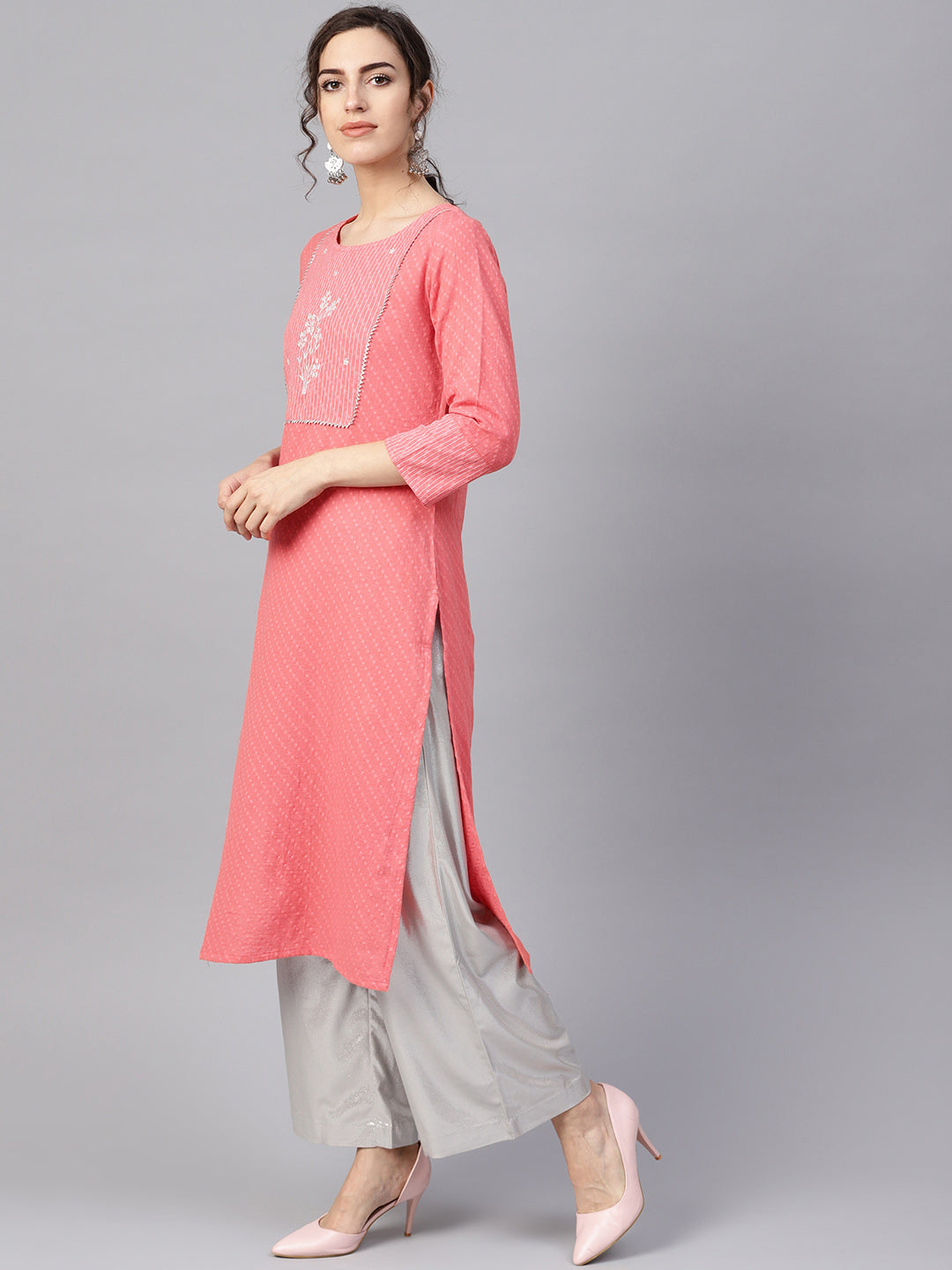 Coral Pink Woven Design Straight Kurta
