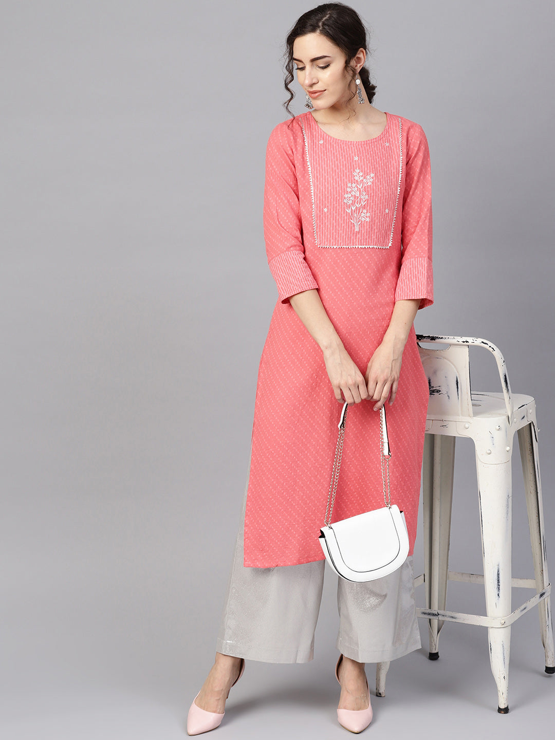Coral Pink Woven Design Straight Kurta