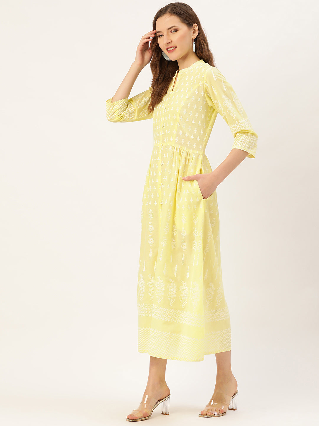 Yellow Printed Flared Dress