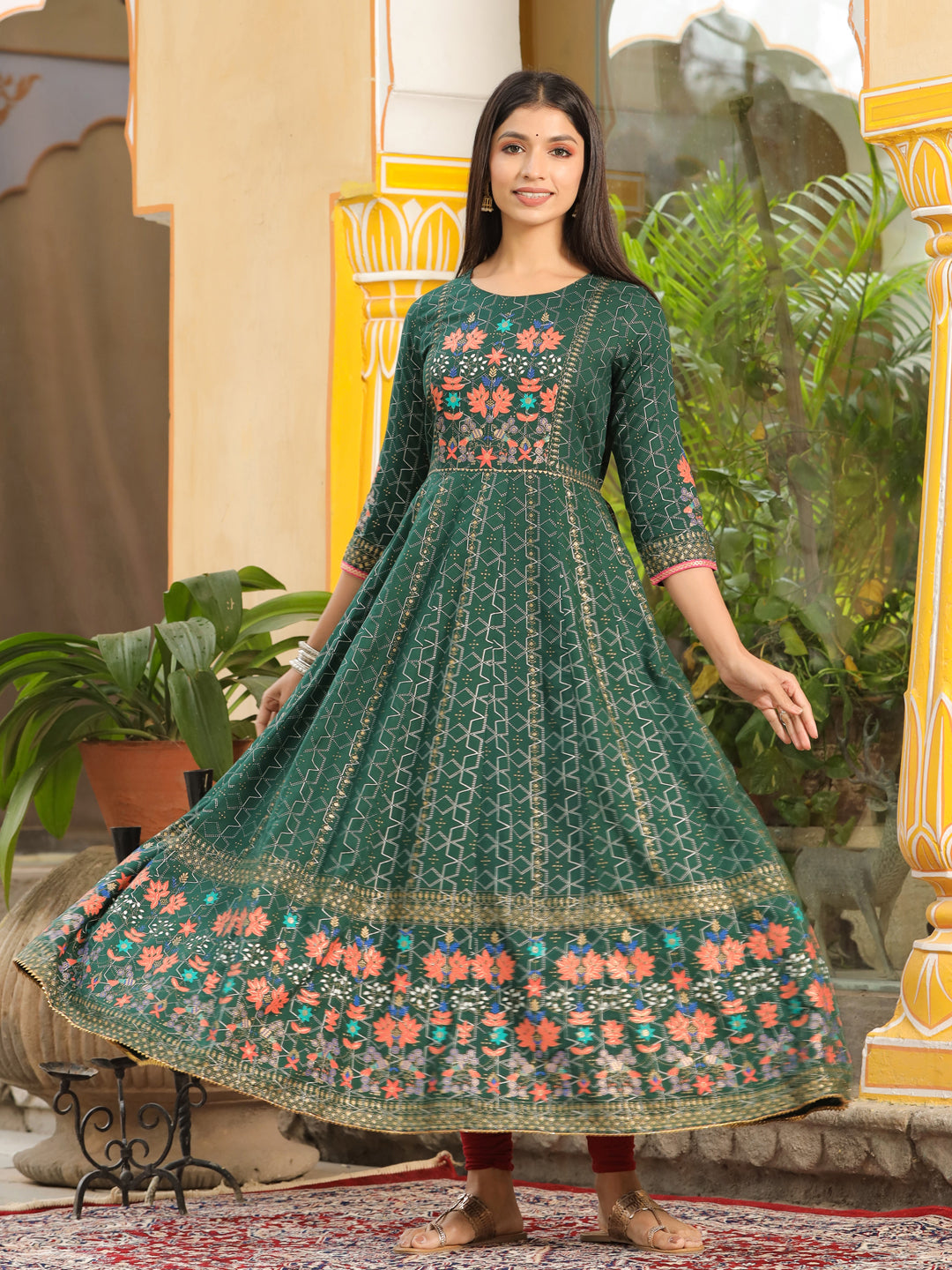 Green Printed Yoke Anarkali Kurta