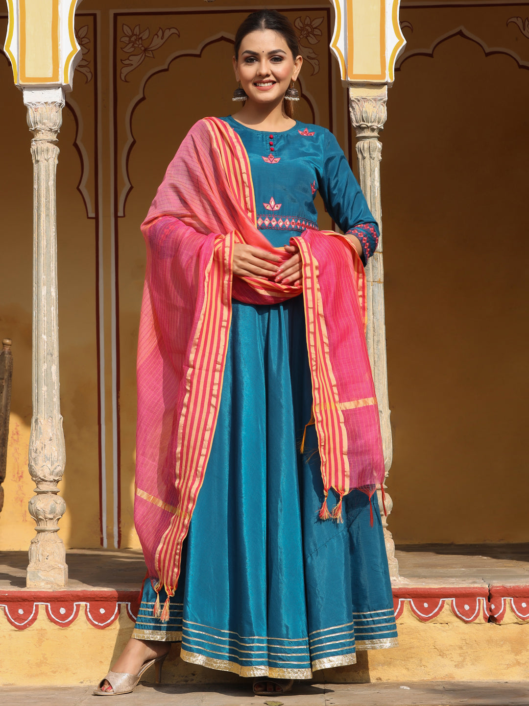 Solid Embroidery Details A-Line Kurta With Dupatta