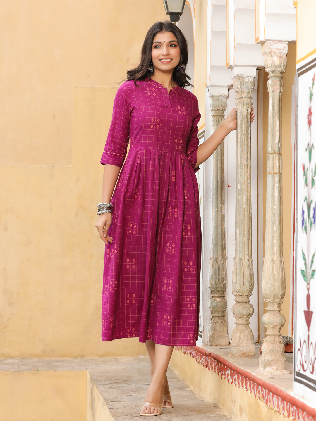 Buy Purple Checks Cotton Flared Dress Online | Jaipur Kurti