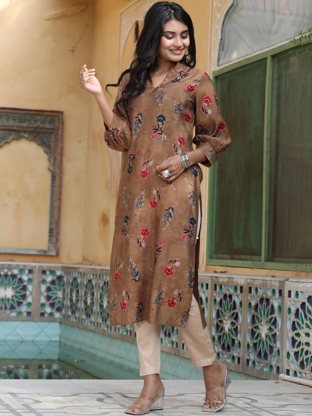 Camel Brown Gold Print Chanderi Straight Kurta