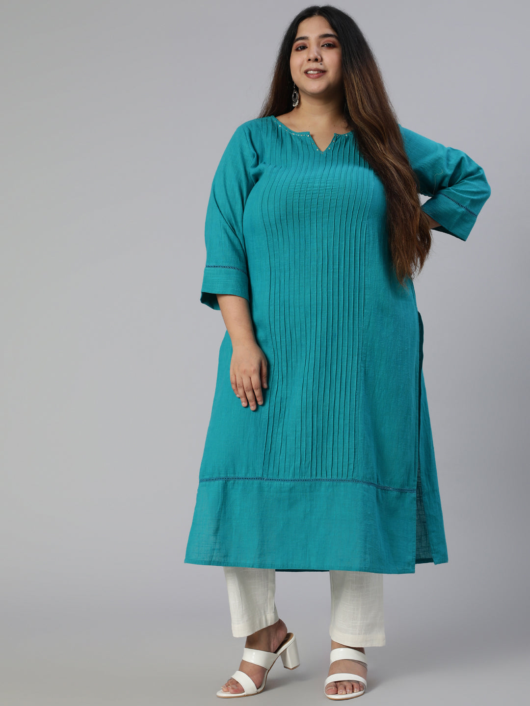 Teal Cotton Pin Tucks Straight Kurta