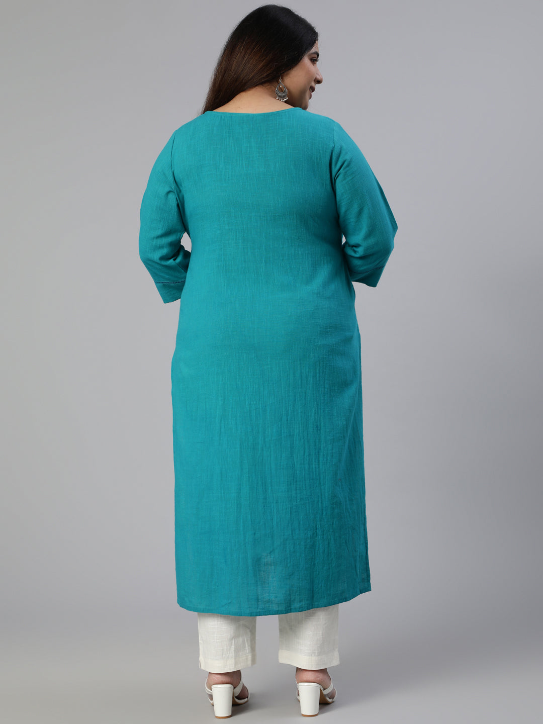 Teal Cotton Pin Tucks Straight Kurta