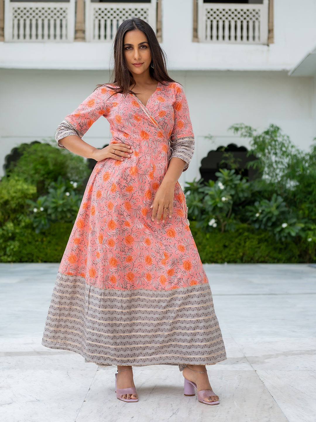 Angrakha Style Printed Pink And Grey Long Flared Kurta