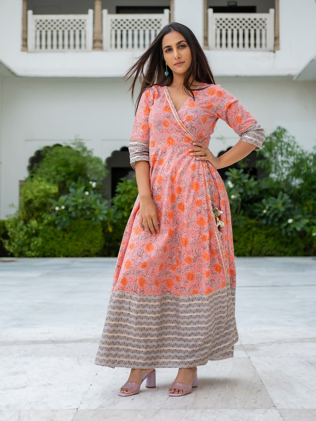 Angrakha Style Printed Pink And Grey Long Flared Kurta