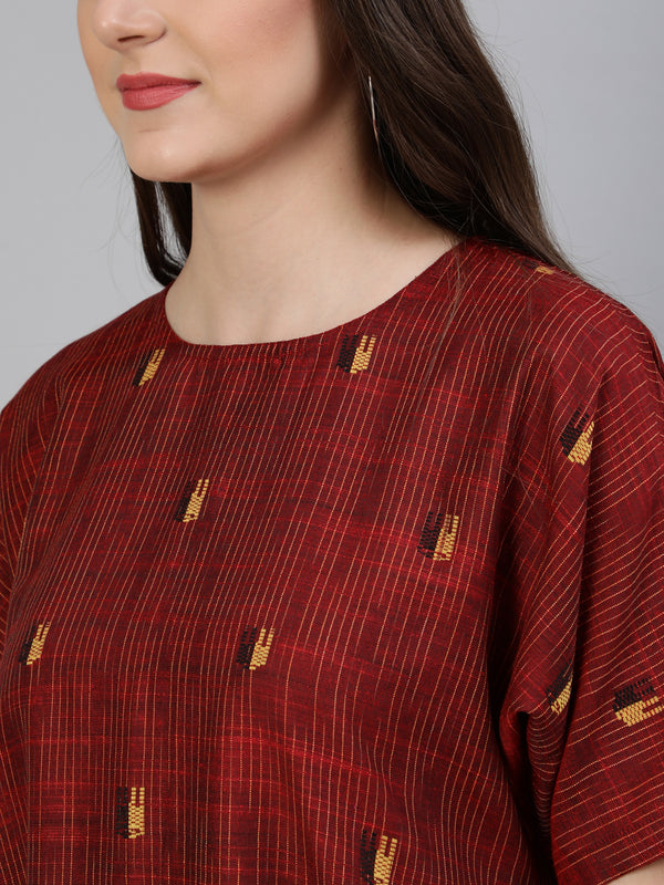 Maroon Yarn Dyed Self Weave Asymmetrical Dress
