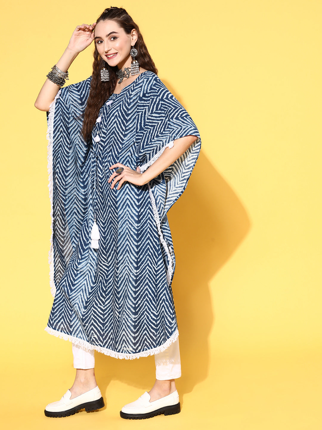 Buy Blue Zig-Zag Printed Kaftan Kurta with Round Neck & Lace Detailing For Women Online. Explore Our Collection Of Embroidered Ethnic Dresses at Jaipur Kurti  