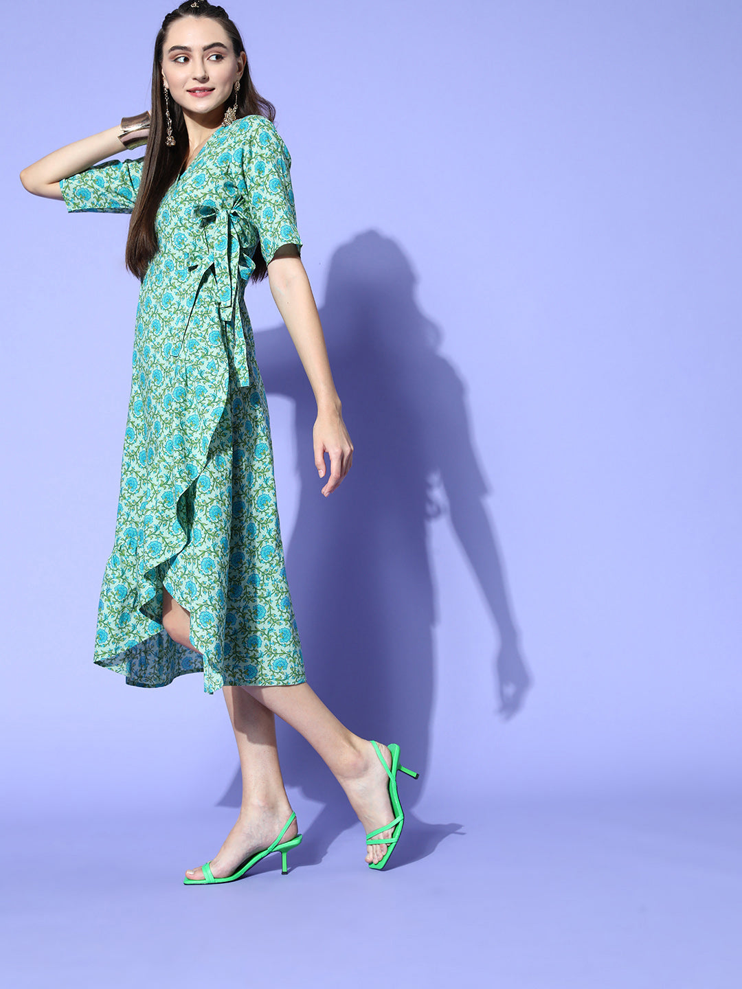 Shop Stylish Green Floral Printed Cotton Embroidered Angrakha Style Frill Flared Wrap Dress with Tie-Up Belt at Waist for Girls Online at Jaipur Kurti