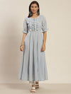 A Grey Color Striped Georgette Flared Dress With Front Gathers And Laced Up