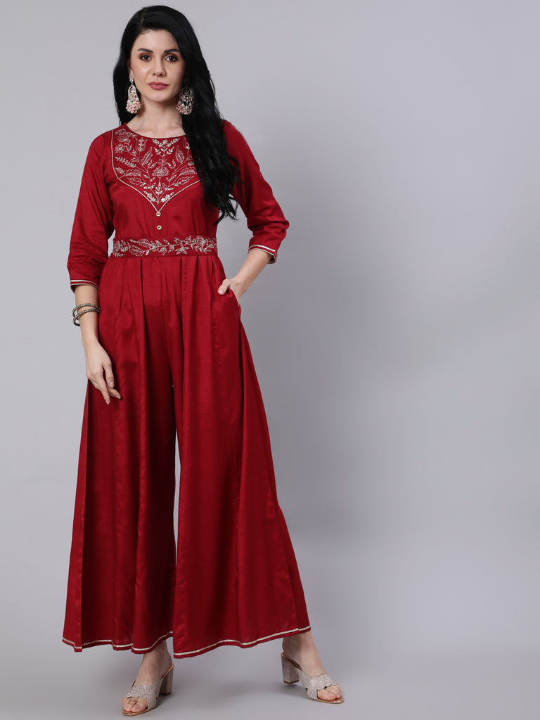 Maroon Silk Blend Embroidered Kali Jumpsuit With Embroidered Belt