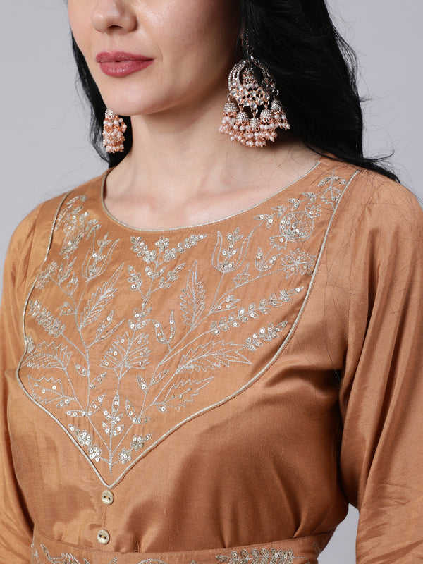 Camel Brown Silk Blend Embroidered Kali Jumsuit With Embroidered Belt