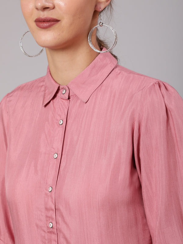 Pink Color Solid Silk Blend Shirt With Front Opening, Has Three-Fourth Puffed Sleeves, Buttons For Closure And A Curved Hem.