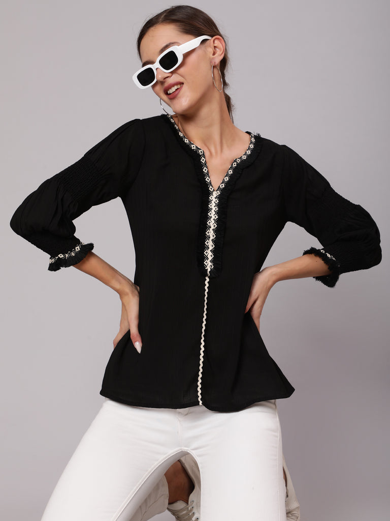 Black Poly Silk Lace Embellished Top With Smocked Sleeves