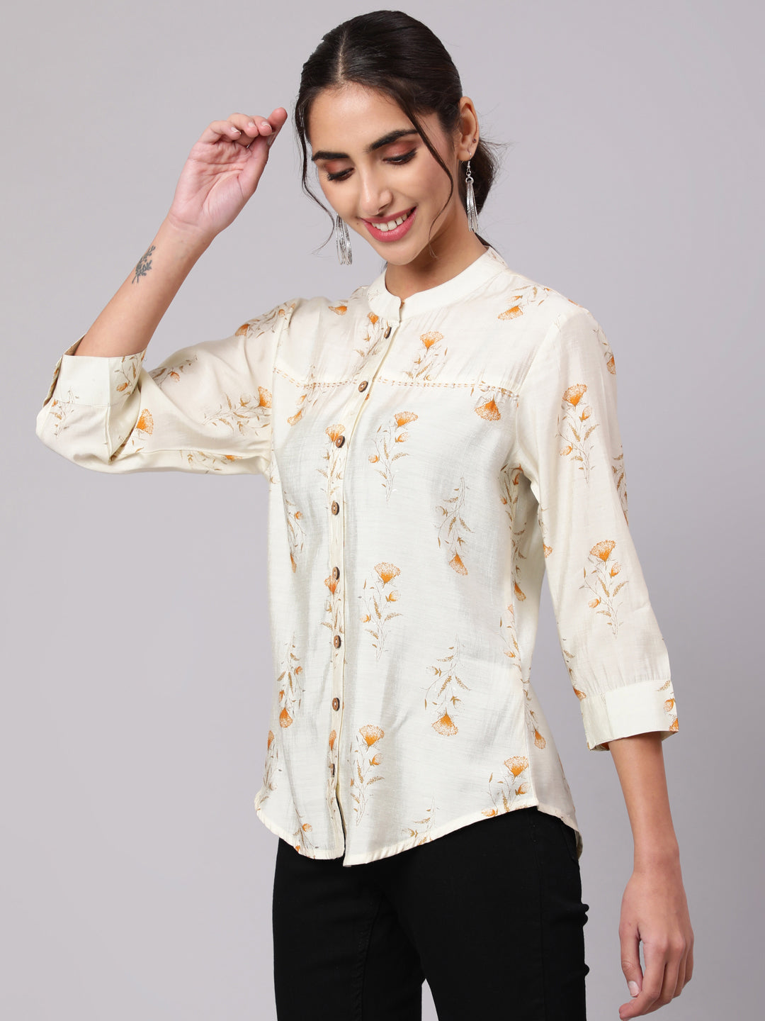 Mustard Chanderi Foil Printed Embroidered Shirt With Curved Hem