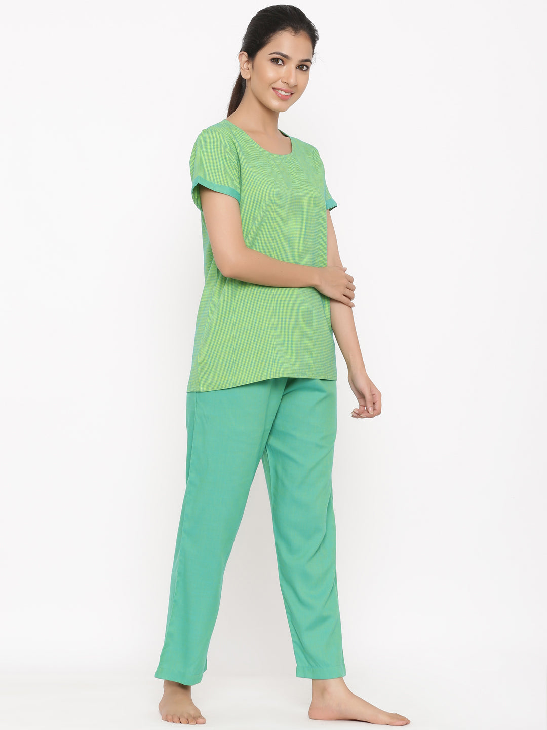 Green Yarn Dyed Straight Shirt With Pyjamas Night Suit
