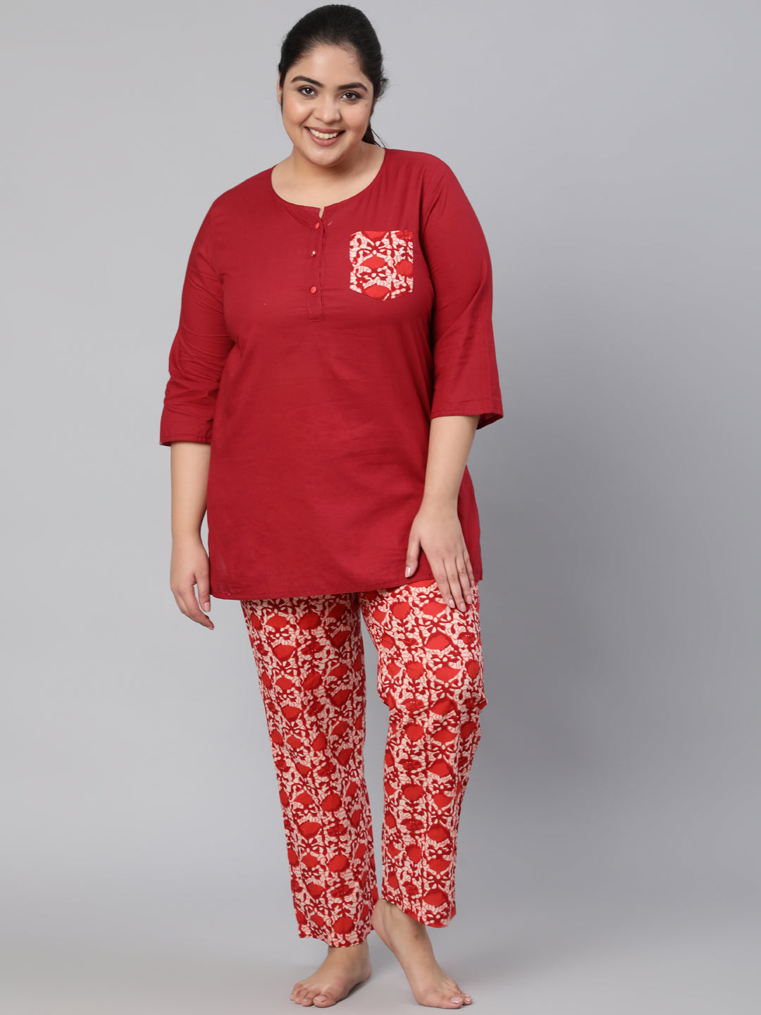 Cotton Printed Lounge Wear Solid Top With Printed Bottom