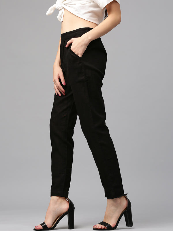 Black Color Slub Cotton Solid Pants